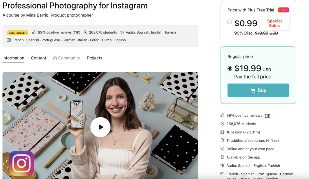 professional photography for instagram course page by mina barrio 