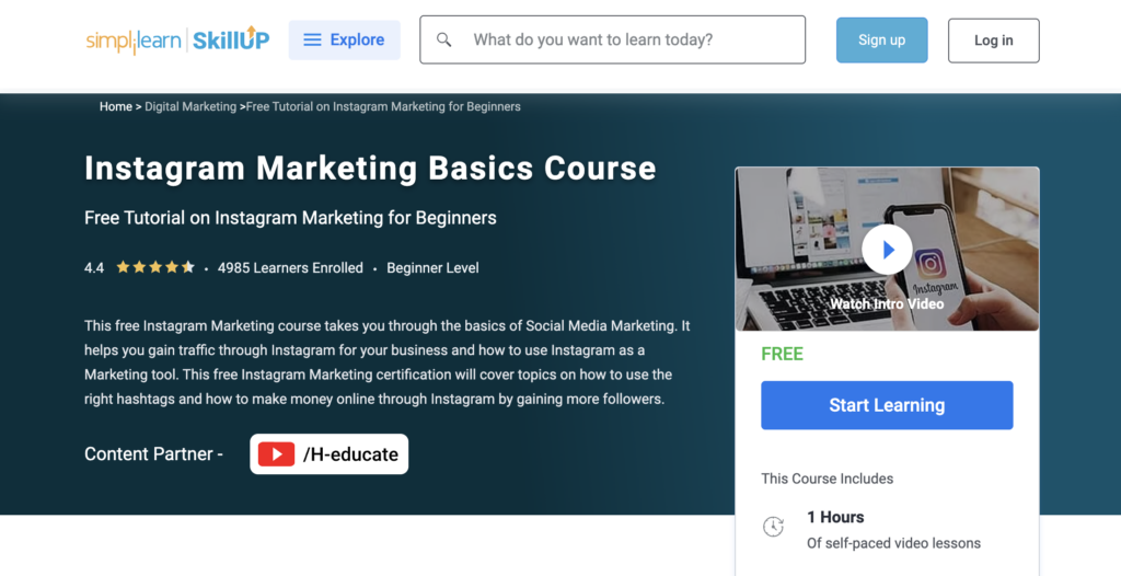 simplilearn instagram marketing basics course page